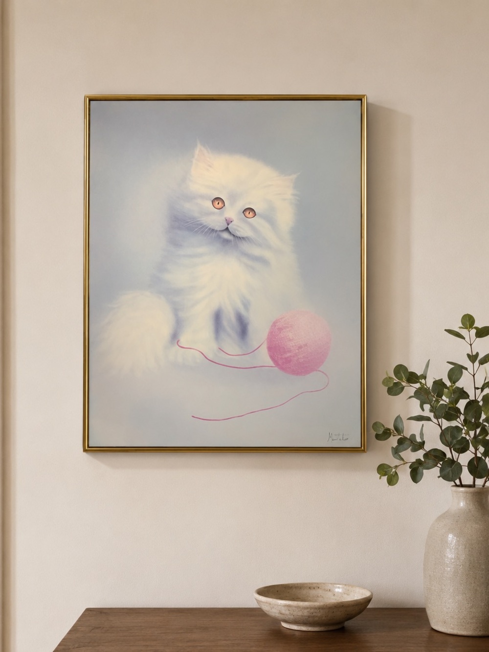 80s Airbrush White Long-Hair Cat Wall Art Print with Pink Yarn